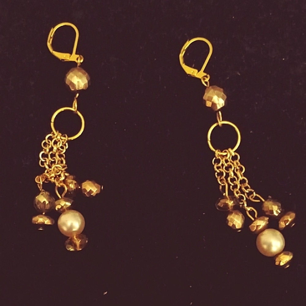 Hand Made Dangle Earrings Gold Bronze & Pearl Repurposed+